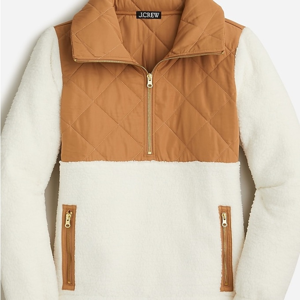 J. Crew Quilted Sherpa Fleece Half Zip Pullover Womens XS Camel/white/gold